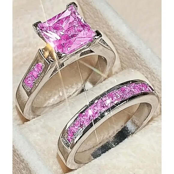 Princess Cut Pink lab Sapphire Engagement Wedding Ring set in 14k gold plated - Picture 1 of 2